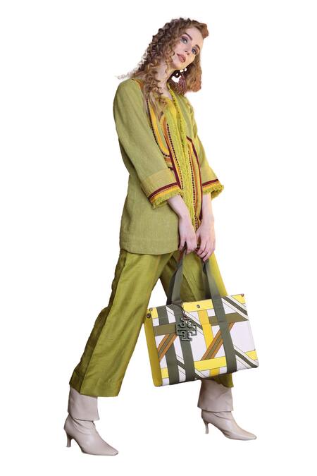Shop_Sunita Nagi_Green Jersey, Silk Embroidery Button-down Neck Dot Aari Jacket Pant Set _Online_at_Aza_Fashions