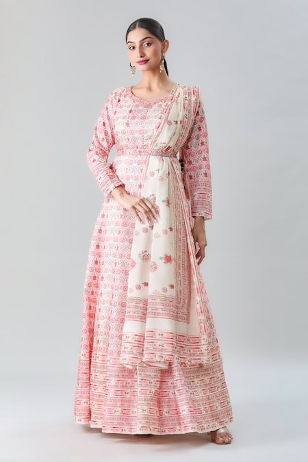 Adara Khan Floral Vine Print Anarkali Belt & Dupatta Set 