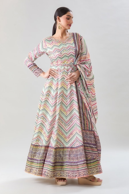 Adara Khan Multi Color Anarkali Dola Silk Printed Floral Round Chevron With Dupatta