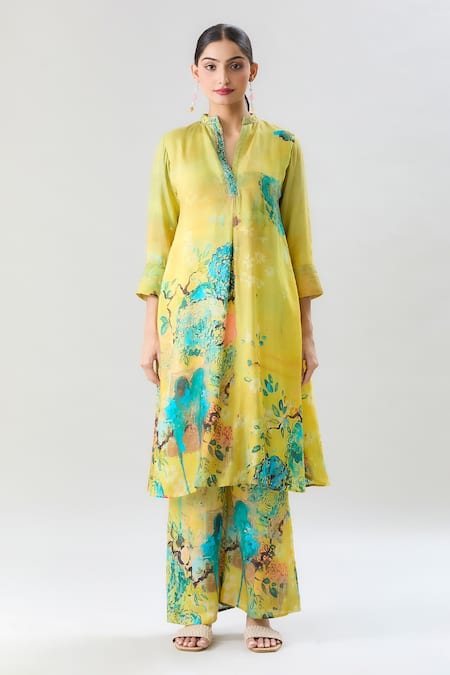 Naintara Bajaj_Yellow Muslin Beads, Embroidery Mandarin Floral Branch Print Kurta With Pant_Online_at_Aza_Fashions