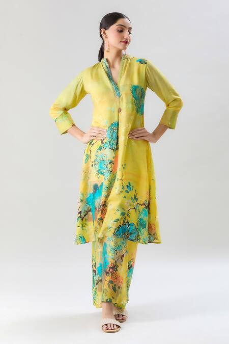 Buy_Naintara Bajaj_Yellow Muslin Beads, Embroidery Mandarin Floral Branch Print Kurta With Pant_Online_at_Aza_Fashions