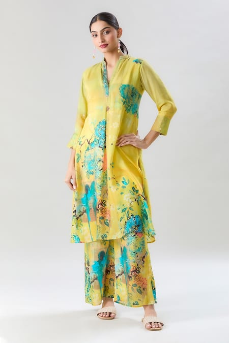 Shop_Naintara Bajaj_Yellow Muslin Beads, Embroidery Mandarin Floral Branch Print Kurta With Pant_Online_at_Aza_Fashions