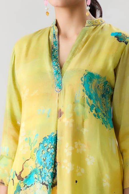 Naintara Bajaj_Yellow Muslin Beads, Embroidery Mandarin Floral Branch Print Kurta With Pant_at_Aza_Fashions