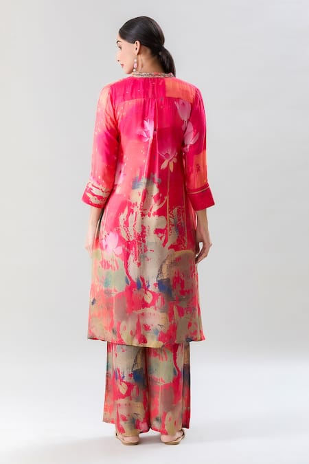 Naintara Bajaj Orange Muslin Embroidery, Beads Mandarin Collar Lotus Pond Print Kurta With Pant Online at Aza Fashions Naintara Bajaj_Orange Muslin Embroidery, Beads Mandarin Collar Lotus Pond Print Kurta With Pant _Online_at_Aza_Fashions