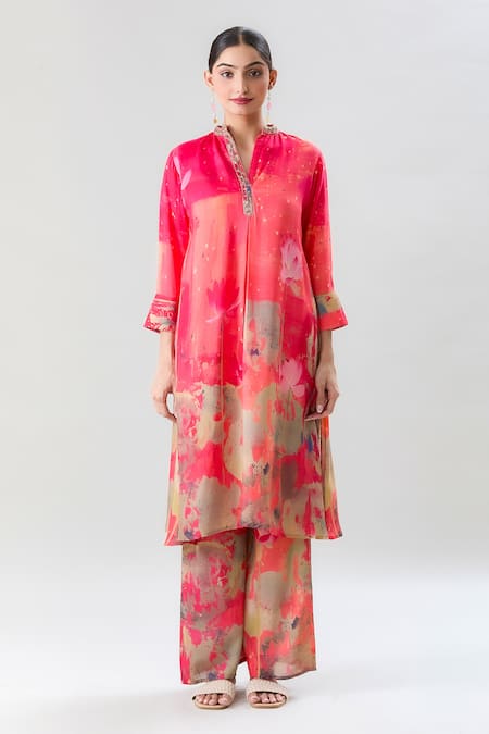 Buy Naintara Bajaj Orange Muslin Embroidery, Beads Mandarin Collar Lotus Pond Print Kurta With Pant Online at Aza Fashions Buy_Naintara Bajaj_Orange Muslin Embroidery, Beads Mandarin Collar Lotus Pond Print Kurta With Pant _Online_at_Aza_Fashions