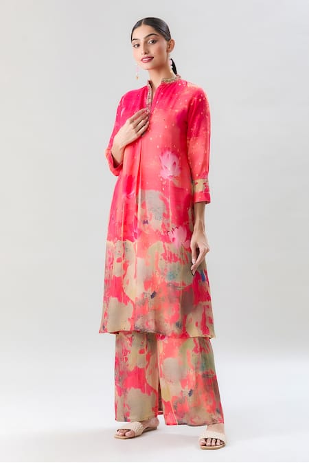 Shop Naintara Bajaj Orange Muslin Embroidery, Beads Mandarin Collar Lotus Pond Print Kurta With Pant Online at Aza Fashions Shop_Naintara Bajaj_Orange Muslin Embroidery, Beads Mandarin Collar Lotus Pond Print Kurta With Pant _Online_at_Aza_Fashions