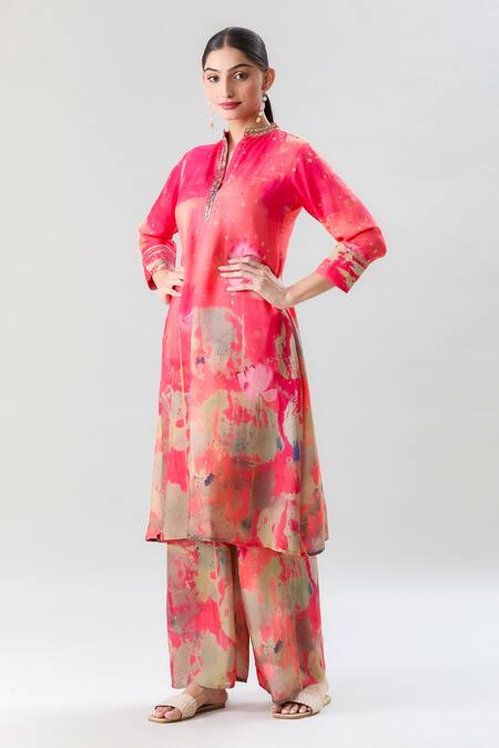Naintara Bajaj Orange Muslin Embroidery, Beads Mandarin Collar Lotus Pond Print Kurta With Pant at Aza Fashions Naintara Bajaj_Orange Muslin Embroidery, Beads Mandarin Collar Lotus Pond Print Kurta With Pant _at_Aza_Fashions