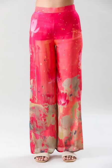 Buy Naintara Bajaj Orange Muslin Embroidery, Beads Mandarin Collar Lotus Pond Print Kurta With Pant Buy_Naintara Bajaj_Orange Muslin Embroidery, Beads Mandarin Collar Lotus Pond Print Kurta With Pant