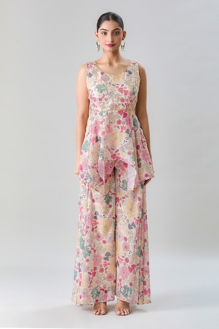 Naintara Bajaj Multi Color Georgette, Satin Sequins, Floral Print Peplum Kurta Flared Pant Set Online at Aza Fashions Naintara Bajaj_Multi Color Georgette, Satin Sequins, Floral Print Peplum Kurta Flared Pant Set _Online_at_Aza_Fashions