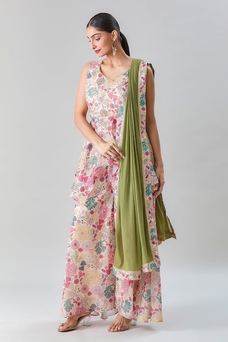 Buy Naintara Bajaj Multi Color Georgette, Satin Sequins, Floral Print Peplum Kurta Flared Pant Set Online at Aza Fashions Buy_Naintara Bajaj_Multi Color Georgette, Satin Sequins, Floral Print Peplum Kurta Flared Pant Set _Online_at_Aza_Fashions