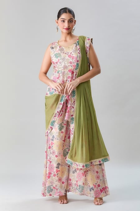 Shop Naintara Bajaj Multi Color Georgette, Satin Sequins, Floral Print Peplum Kurta Flared Pant Set Online at Aza Fashions Shop_Naintara Bajaj_Multi Color Georgette, Satin Sequins, Floral Print Peplum Kurta Flared Pant Set _Online_at_Aza_Fashions