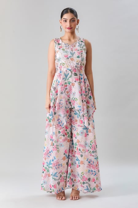 Naintara Bajaj Off White Georgette, Satin Printed Threadwork Peplum Kurta Flared Pant Set Online at Aza Fashions Naintara Bajaj_Off White Georgette, Satin Printed Threadwork Peplum Kurta Flared Pant Set _Online_at_Aza_Fashions