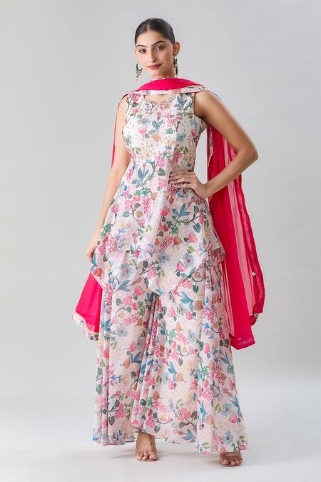 Buy Naintara Bajaj Off White Georgette, Satin Printed Threadwork Peplum Kurta Flared Pant Set Online at Aza Fashions Buy_Naintara Bajaj_Off White Georgette, Satin Printed Threadwork Peplum Kurta Flared Pant Set _Online_at_Aza_Fashions