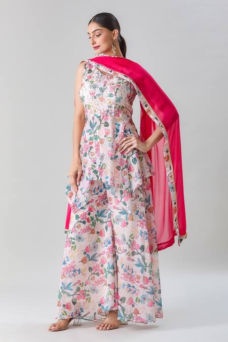 Shop Naintara Bajaj Off White Georgette, Satin Printed Threadwork Peplum Kurta Flared Pant Set Online at Aza Fashions Shop_Naintara Bajaj_Off White Georgette, Satin Printed Threadwork Peplum Kurta Flared Pant Set _Online_at_Aza_Fashions