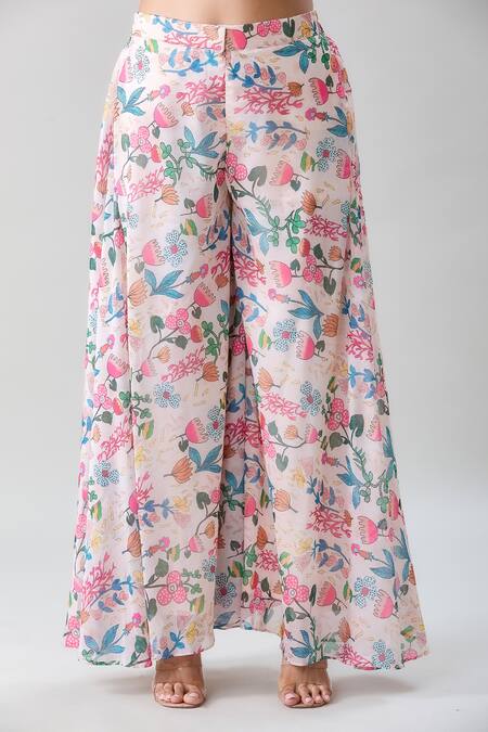 Buy Naintara Bajaj Off White Georgette, Satin Printed Threadwork Peplum Kurta Flared Pant Set Buy_Naintara Bajaj_Off White Georgette, Satin Printed Threadwork Peplum Kurta Flared Pant Set