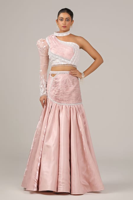 Sidhaarth & Disha Peach Blouse And Dupatta Organza Hand Embroidery Sequins One Shoulder Skirt Set