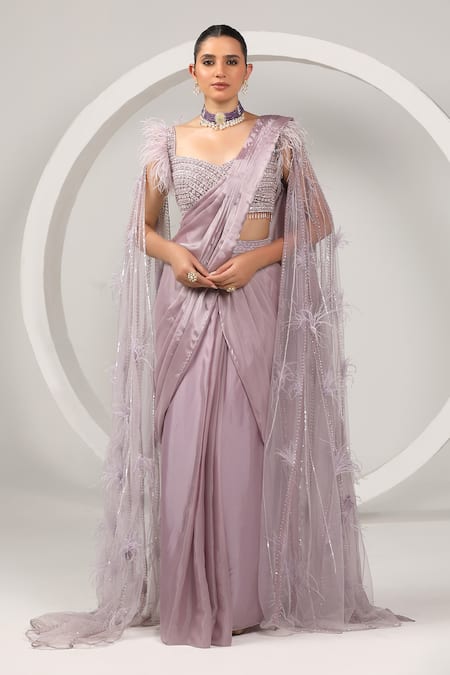 Sidhaarth & Disha Purple Blouse Net Hand Embroidery Sequins Sweetheart Neck Pre-draped Saree With