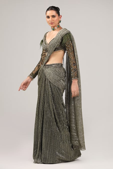 Sidhaarth & Disha Green Blouse Net Hand Embroidery Feathers Pre-draped Saree With Mirror