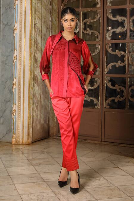 Sidhaarth & Disha Red Cuproo Satin Hand Embroidered Bead Collared Shirt With Pant