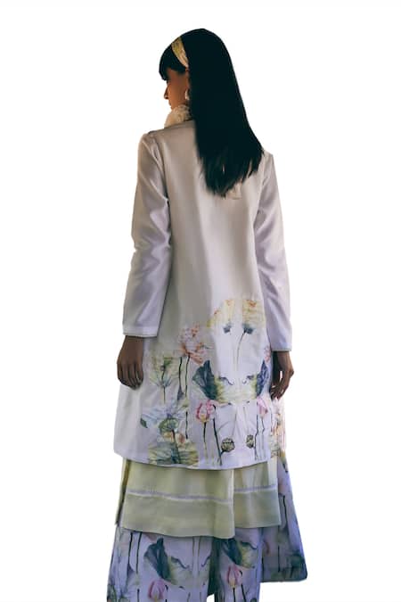 Tabeer India_White Chanderi, Cotton Embroidery Open Neck, Floral Print Jacket Palazzo Set _Online_at_Aza_Fashions
