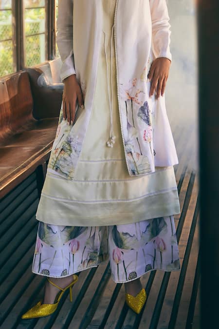 Buy_Tabeer India_White Chanderi, Cotton Embroidery Open Neck, Floral Print Jacket Palazzo Set _Online_at_Aza_Fashions