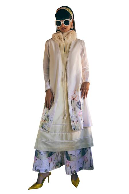 Shop_Tabeer India_White Chanderi, Cotton Embroidery Open Neck, Floral Print Jacket Palazzo Set _Online_at_Aza_Fashions