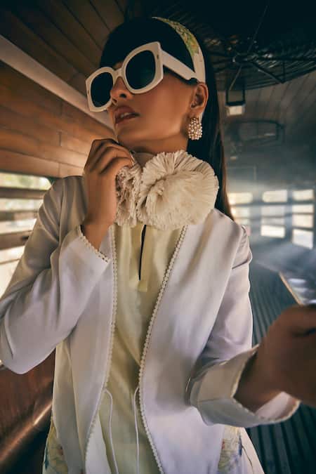 Tabeer India_White Chanderi, Cotton Embroidery Open Neck, Floral Print Jacket Palazzo Set _at_Aza_Fashions