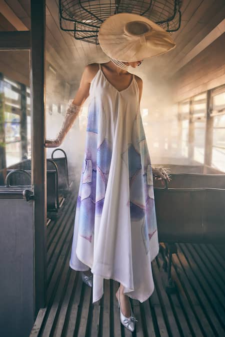 Tabeer India_Ivory Chanderi, Cotton Embroidery V-neck Floral Print Tunic Dress _Online_at_Aza_Fashions