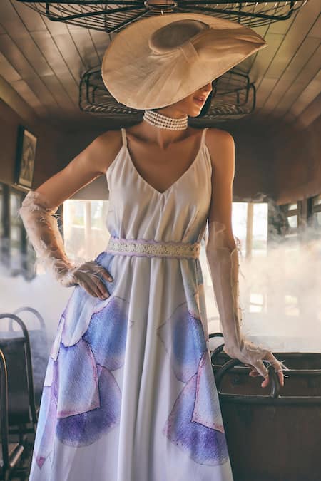 Buy_Tabeer India_Ivory Chanderi, Cotton Embroidery V-neck Floral Print Tunic Dress _Online_at_Aza_Fashions