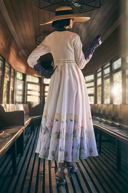 Tabeer India Chanderi Floral Print Angrakha Anarkali With Pant 