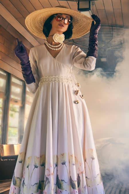Tabeer India_Ivory Chanderi, Cotton Lace V-neck Floral Print Angrakha Anarkali With Pant _Online_at_Aza_Fashions