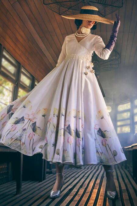 Shop_Tabeer India_Ivory Chanderi, Cotton Lace V-neck Floral Print Angrakha Anarkali With Pant _Online_at_Aza_Fashions