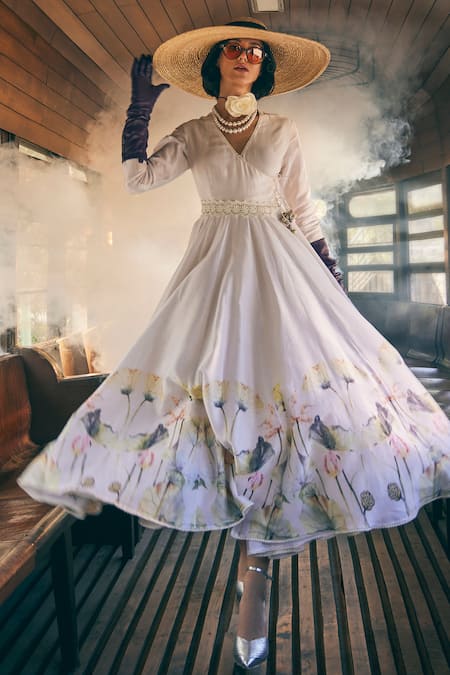 Tabeer India_Ivory Chanderi, Cotton Lace V-neck Floral Print Angrakha Anarkali With Pant _at_Aza_Fashions