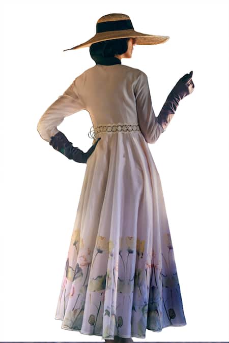 Shop_Tabeer India_Ivory Chanderi, Cotton Lace V-neck Floral Print Angrakha Anarkali With Pant 