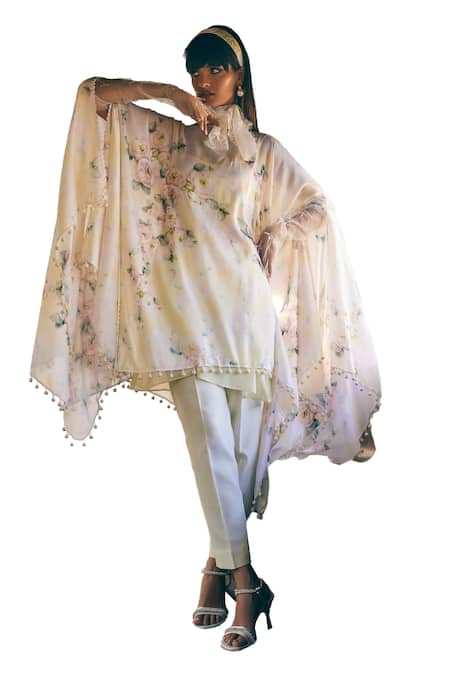 Buy_Tabeer India_Yellow Chanderi, Cotton Pom-poms Round Neck Floral Print Kaftan Pant Set _Online_at_Aza_Fashions