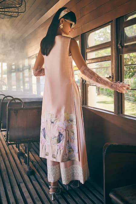 Tabeer India Chanderi Lotus Print Tunic With Flared Pant 