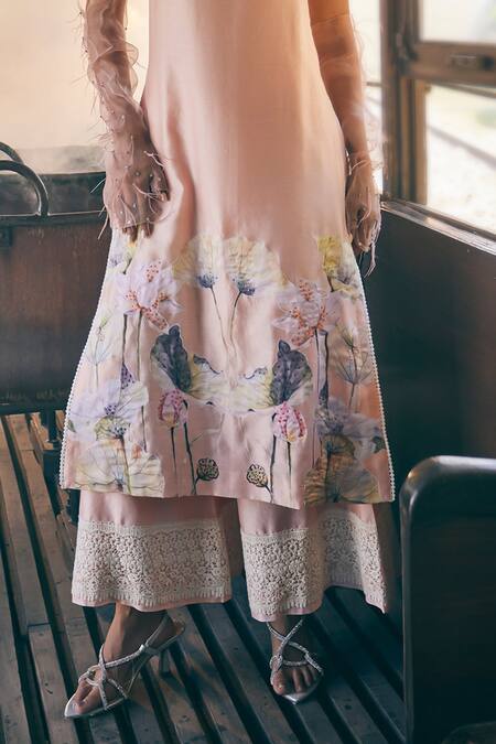 Tabeer India_Peach Chanderi, Cotton Lace Split V-neck Lotus Print Tunic With Flared Pant _Online_at_Aza_Fashions