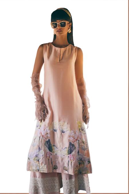 Shop_Tabeer India_Peach Chanderi, Cotton Lace Split V-neck Lotus Print Tunic With Flared Pant _Online_at_Aza_Fashions