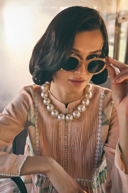 Buy_Tabeer India_Peach Chanderi, Cotton Lace, Embroidery Mandarin Lotus Print Anarkali With Pant _Online_at_Aza_Fashions