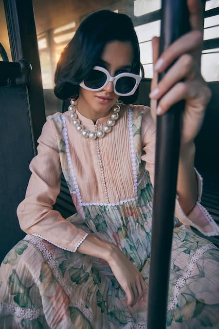 Shop_Tabeer India_Peach Chanderi, Cotton Lace, Embroidery Mandarin Lotus Print Anarkali With Pant _Online_at_Aza_Fashions