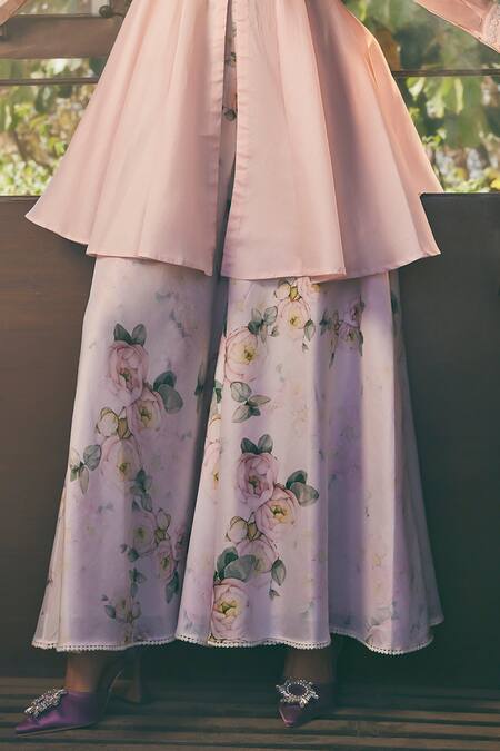 Tabeer India_Pink Chanderi, Cotton Lace Round Neck, Floral Print Waistcoat And Kurta Set _Online_at_Aza_Fashions