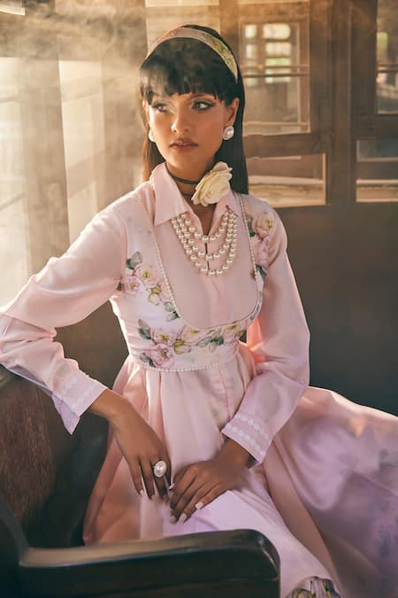 Buy_Tabeer India_Pink Chanderi, Cotton Lace Round Neck, Floral Print Waistcoat And Kurta Set _Online_at_Aza_Fashions