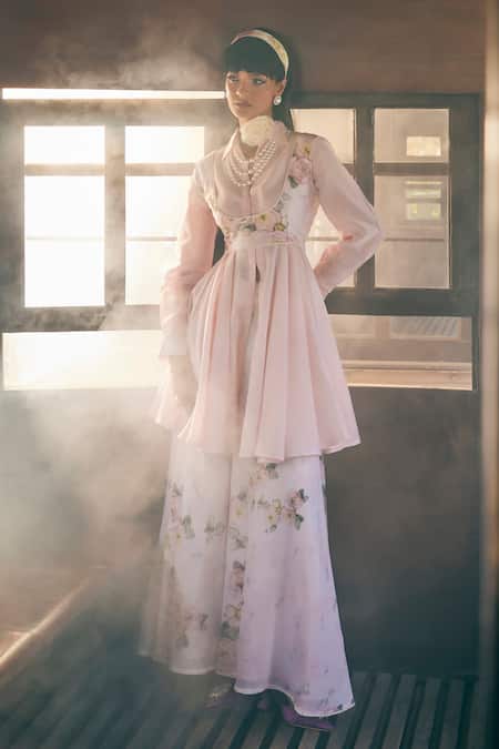 Shop_Tabeer India_Pink Chanderi, Cotton Lace Round Neck, Floral Print Waistcoat And Kurta Set _Online_at_Aza_Fashions