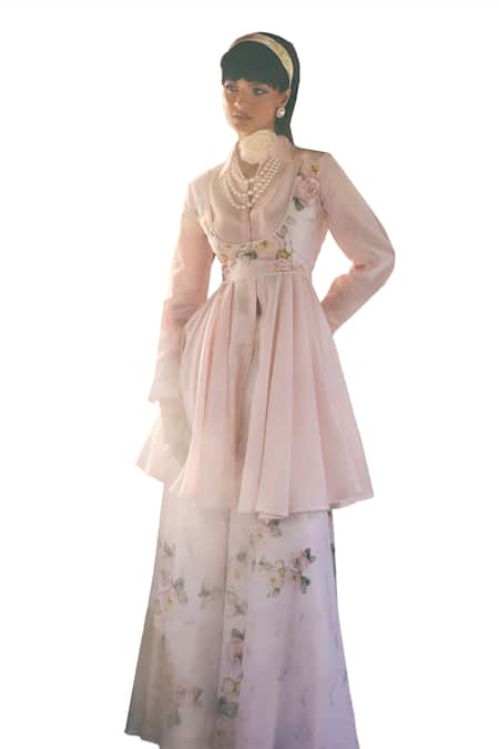 Tabeer India_Pink Chanderi, Cotton Lace Round Neck, Floral Print Waistcoat And Kurta Set _at_Aza_Fashions