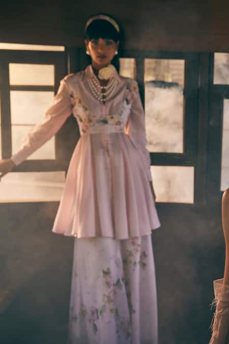 Buy_Tabeer India_Pink Chanderi, Cotton Lace Round Neck, Floral Print Waistcoat And Kurta Set 