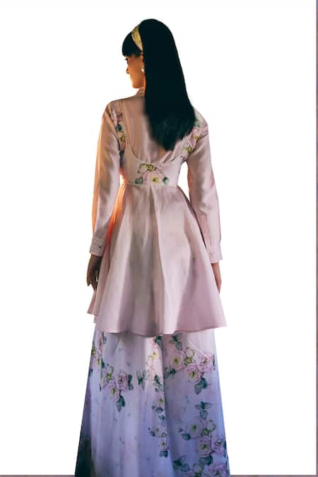Shop_Tabeer India_Pink Chanderi, Cotton Lace Round Neck, Floral Print Waistcoat And Kurta Set 
