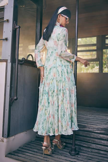 Tabeer India Chanderi Lotus Print Slit Anarkali With Pant 