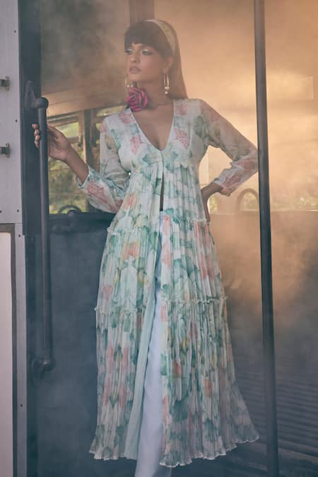 Tabeer India_Green Chanderi, Cotton Embroidery V-neck Lotus Print Slit Anarkali With Pant _Online_at_Aza_Fashions