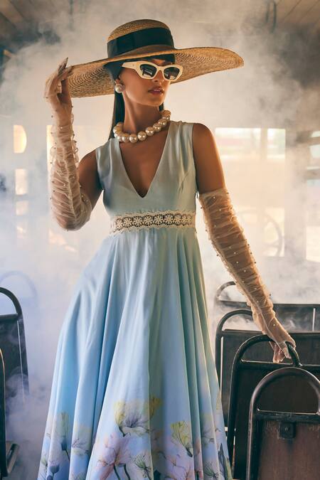 Tabeer India Blue Chanderi, Cotton Lace V-neck Lotus Print Dress Online at Aza Fashions Tabeer India_Blue Chanderi, Cotton Lace V-neck Lotus Print Dress _Online_at_Aza_Fashions