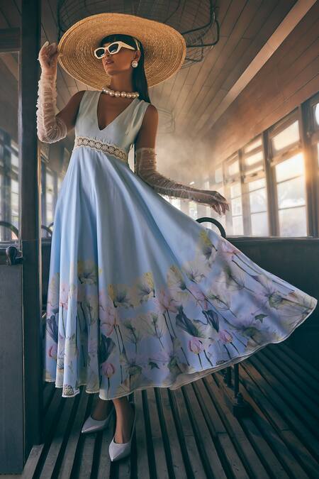 Buy Tabeer India Blue Chanderi, Cotton Lace V-neck Lotus Print Dress Online at Aza Fashions Buy_Tabeer India_Blue Chanderi, Cotton Lace V-neck Lotus Print Dress _Online_at_Aza_Fashions